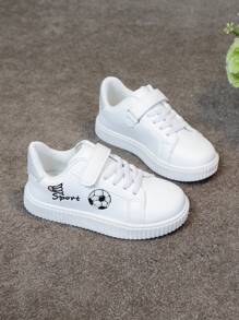 1 Pair Unisex Kids Casual Hook And Loop White Sneakers With Cartoon Embroidered Decoration, Comfortable Breathable Campus Style Flats