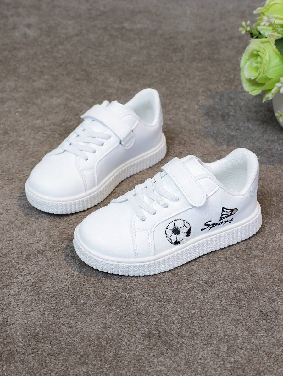 1 Pair Unisex Kids Casual Hook And Loop White Sneakers With Cartoon Embroidered Decoration, Comfortable Breathable Campus Style Flats