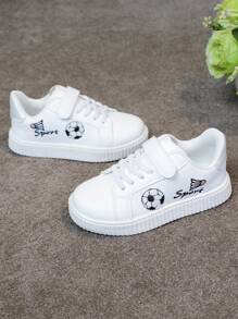 1 Pair Unisex Kids Casual Hook And Loop White Sneakers With Cartoon Embroidered Decoration, Comfortable Breathable Campus Style Flats