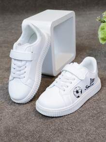 1 Pair Unisex Kids Casual Hook And Loop White Sneakers With Cartoon Embroidered Decoration, Comfortable Breathable Campus Style Flats