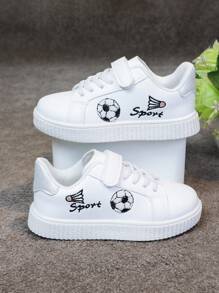 1 Pair Unisex Kids Casual Hook And Loop White Sneakers With Cartoon Embroidered Decoration, Comfortable Breathable Campus Style Flats