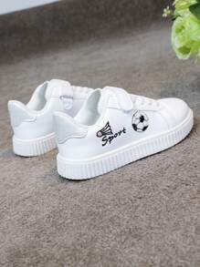 1 Pair Unisex Kids Casual Hook And Loop White Sneakers With Cartoon Embroidered Decoration, Comfortable Breathable Campus Style Flats