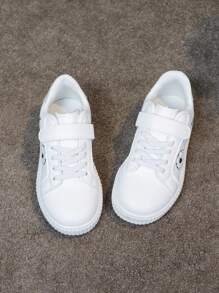 1 Pair Unisex Kids Casual Hook And Loop White Sneakers With Cartoon Embroidered Decoration, Comfortable Breathable Campus Style Flats
