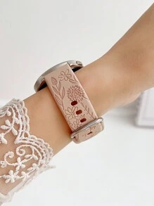 Correa de reloj de silicona con diseño floral tallado creativo compatible con Samsung / de 20 mm, 22 mm, correas de reloj suaves y cómodas, ajustables para deportes, regalo de San Valentín - Color del té con leche - Ver 3