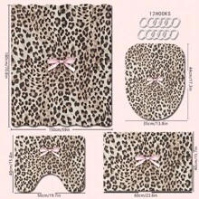 1/4 piezas Juego de baño: Cortina de ducha con estampado de lazo rosa y estampado de leopardo, alfombra de baño, tapa de inodoro en forma de U, cortina de ducha impermeable, cortina de partición de baño de estilo moderno, sin necesidad de perforación, de poliéster lavable a máquina, decoración de otoño para el hogar, accesorios de baño, de vuelta al colegio - Multicolor - Ver 16