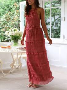 Women's Fashion Spring/Summer Shirt With Sleeveless Black Open Vest Drawstring Long Skirt 2-Piece Set - Đỏ - Xem 9