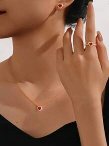 1 Set Pure Silver Necklace, Earrings And Ring Jewelry Set, Hypoallergenic Design With Vibrant Red Heart And Love Shape Elements, Paired With Elegant Square Red Cubic Zirconia, Showcasing Your Refined, Romantic And Versatile Charm.