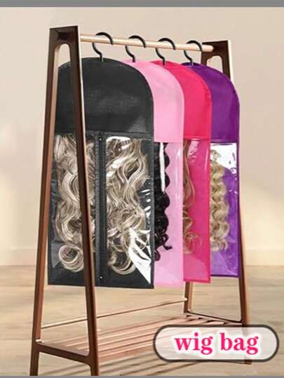 nunify 2 Piezas Bolsa de almacenamiento de peluca con percha para múltiples pelucas, bolsas de almacenamiento con percha a prueba de polvo con gancho de 29*60 cm, paquete de accesorios de peluca de color negro y rosa para cabello largo, organizador de peluca de moda