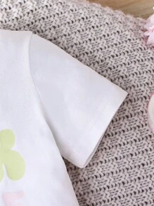 Set da 2 pezzi, magliette a maniche corte con stampa di lettere e fiocchi e pantaloncini per bambine/bambine piccole, outfit casual primaverili, leggeri, per primavera/estate