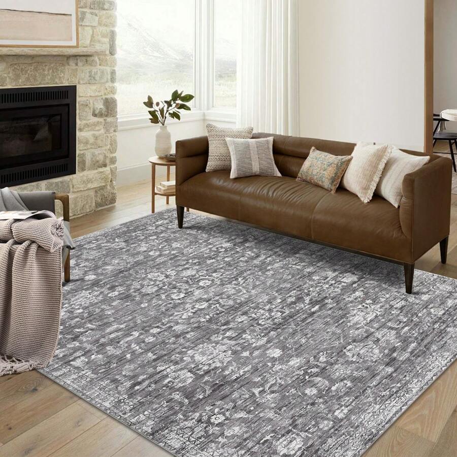 Washable Printed Rug Vintage Floral Rug Washable Indoor Rug Anti-Stain Non-Slip Non-Shedding Living Room Rug Suitable For Bedroom Office Dining Room - Grey - View 1