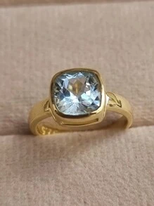 1pc Fashionable Light Blue Cubic Zirconia Stone Ring, Wedding, Engagement, Anniversary Gift For Women - 金色 - 查看 9