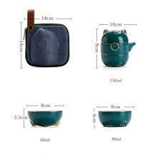 Travel Tea Set With Portable Bag, Kung Fu Handmade Ceramic Teapot Set, All-In-One Teapot, 1 Pot 2 Cups, Suitable For Travel, Office And Home - Green - View 7