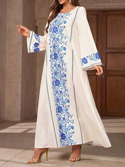 Vestito lungo in stile accappatoio con stampa floreale, abito lungo elegante con maniche lunghe e vestibilità ampia, da donna