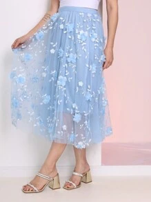 Evangelical Tulle Skirt With Embroidered Flowers Long Elegant And Elastic With Embroidered Flowers /Evangelical Skirts/Midi Skirt/Tulle Skirt/Long Skirt - 淺藍色 - 查看 3