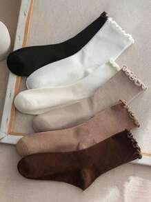 1 Pair /6 Pairs Women's Medium Hose, Ruffles And Floral Pattern, Spring, Fall And Winter - one-size - View 4