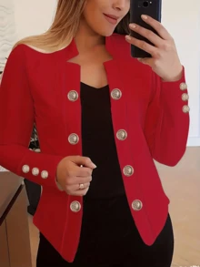 Plus Size Women Fashion Solid Color Button Decoration Long Sleeve Jacket, Spring & Autumn