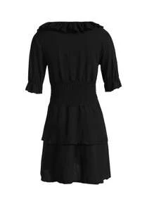 Women's Warp V Neck Dress, Short Puff Sleeve Solid Color Shirred High Waist Ruffle Mini Dress - Black - View 7