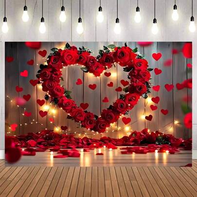 1件浪漫周年纪念摄影背景布，红粉爱心主题浪漫爱情背景，“我爱你”派对横幅装饰，适用于情人节、母亲节、影棚道具，尺寸：82.7*59.1/59.1*39.4/39.4*29.5英寸