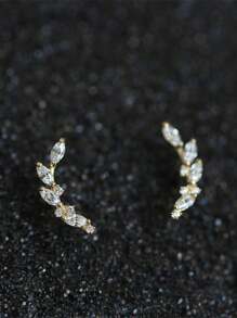 1 Pair S925 Sterling Silver Laurel Leaf Branch Cubic Zirconia Minimalist Stud Earrings, Gift For Friends & Girlfriends - Leaf - View 1