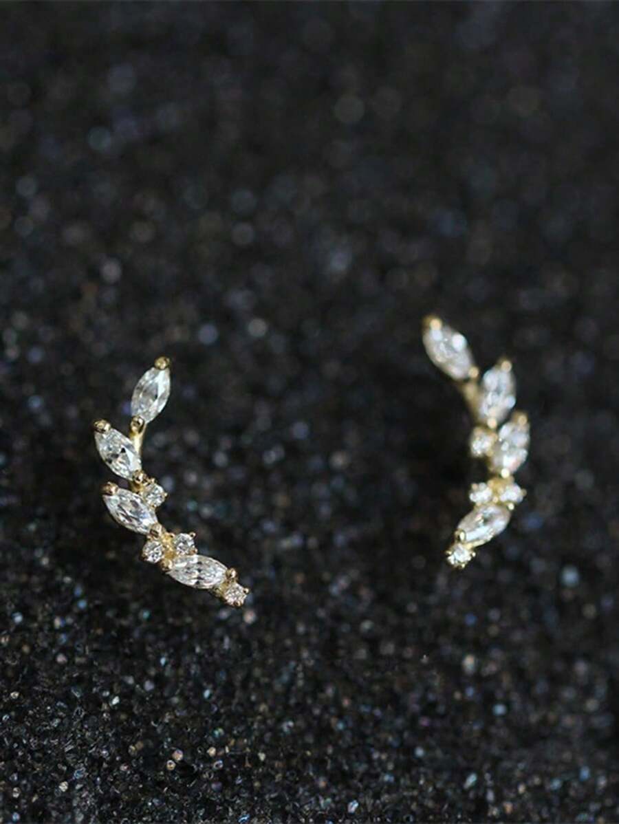 1 Pair S925 Sterling Silver Laurel Leaf Branch Cubic Zirconia Minimalist Stud Earrings, Gift For Friends & Girlfriends - Leaf - View 1