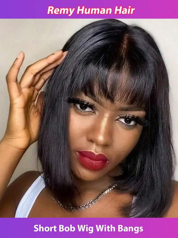 Luxurious Straight Hair Bob Wigs With Bangs Brazilian Remy Human Hair 180% Density Full Machine Made Wig For Women 8-16 Inches No Lace Bob Wigs Natural Color