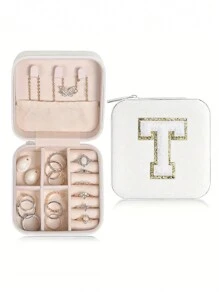 1 pièce Boîte de voyage pour bijoux avec initiale A-Z, étui de rangement multifonctionnel pour bijoux, mini boîte de rangement pour bijoux, organisateur de maquillage, porte-bijoux, sac cosmétique, sac de toilette, cadeau idéal pour les femmes, petite amie, amis, anniversaire, Noël, Halloween - Boîte de voyage pour bijoux avec initiale rose, cadeau de Noël pour adolescentes, retour à l'école