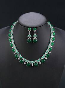 一套三件装奢华立方氧化锆首饰项链耳环套装，时尚个性化项链，可搭配晚礼服，情人节礼物 - 珠寶套裝 - 查看 11