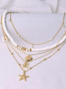 1 chiếc vòng cổ gốm mềm nhiều lớp phong cách kỳ nghỉ bãi biển Bohemian hình sao biển, vỏ sò, hoa, voi ngẫu nhiên dành cho nữ (Tránh tiếp xúc với nước) - trắng - Xem 4