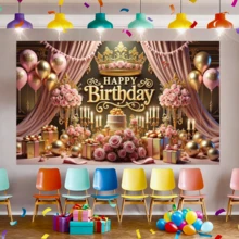 1 pièce Bannière d'anniversaire 180x110cm avec motif de couronne de ballons roses et dorés, toile de fond décorative