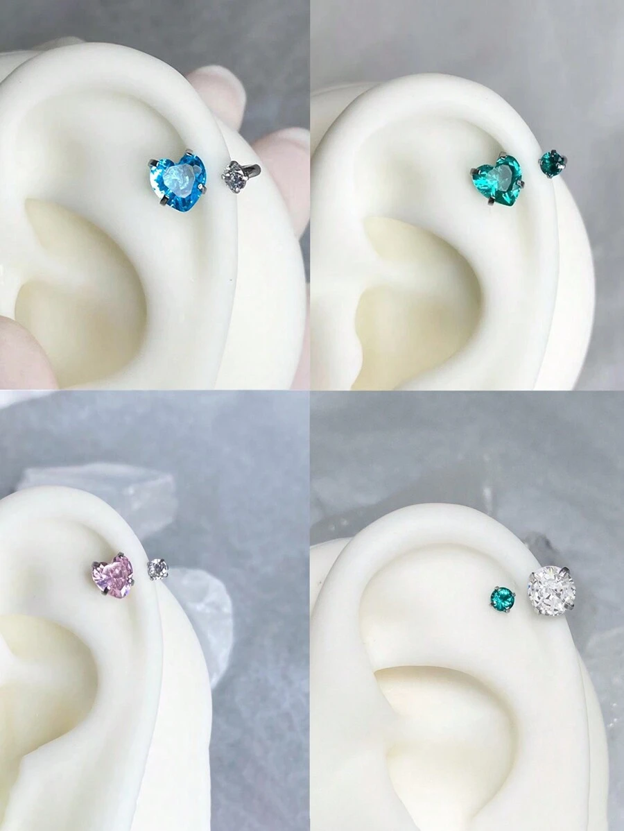 1 件不锈钢马蹄心形氧化锆耳钉，1.2 毫米厚穿孔首饰