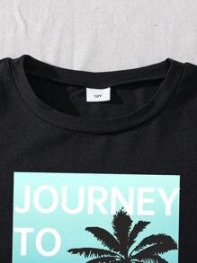 Conjunto de camiseta de manga corta con estampado de letras y pantalones cortos tejidos con letra bordada para niño preadolescente