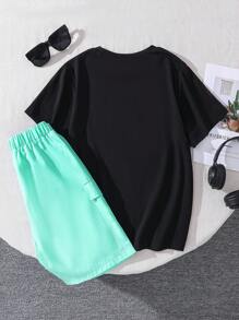 Conjunto de camiseta de manga corta con estampado de letras y pantalones cortos tejidos con letra bordada para niño preadolescente