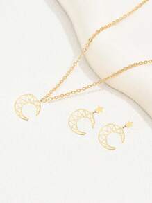1 套优雅月亮和星星项链和耳环首饰套装，适合女士、派对/礼物节、多功能配套套装 - 月亮星星金黃色 - 查看 3