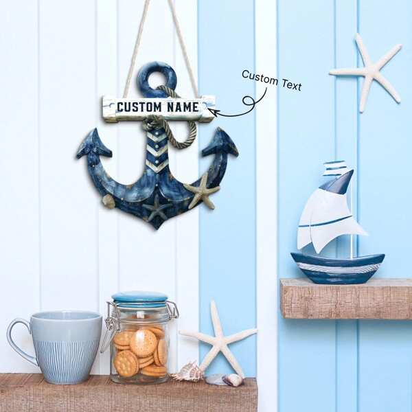 Putuo Decor 1pc Customizable Wooden Hanging Sign Decor, You Name, Anchor & Initials Design Personalized Classic Initial Wooden Wall Decoration For Holiday, Interior, And Outdoor Home Decor