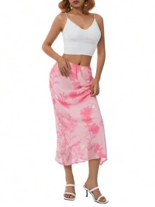 Women Half Dress, Floral Straight Loose Slimming Low Waist Summer Fall Pink Flowing Skirt - Rosa - Ver 5