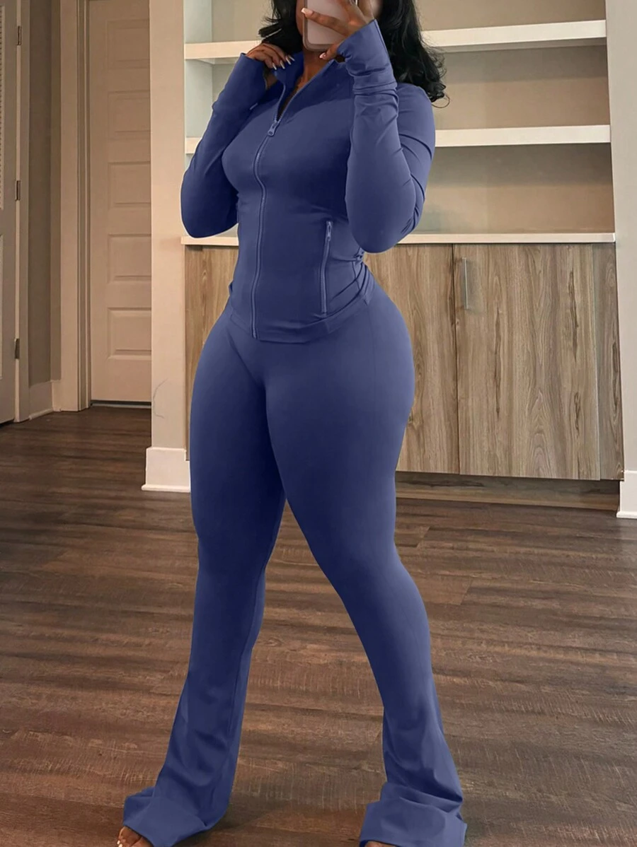 LovelyWholesale 女士休闲立领长袖纯色拉链门襟修身上衣和瑜伽裤套装春秋