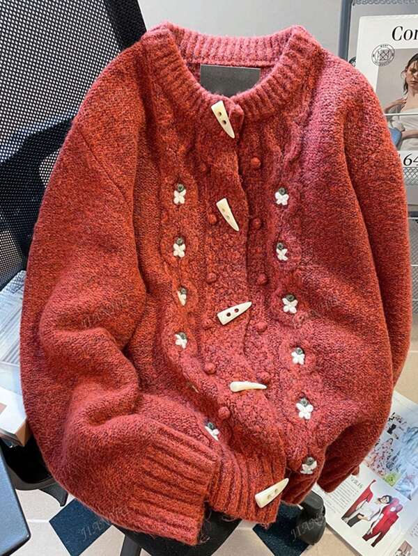 JIANHU Cárdigan vintage de punto grueso - Suéter con botones y bordado floral para otoño e invierno, chaqueta suave y holgada de lana para looks acogedores diarios y de fiesta
