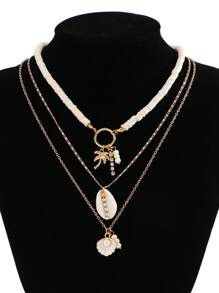 3pcs Bohemian Beach Vacation Style Starfish, Shell, Flower, Palm Tree Random Soft Ceramic Multilayer Necklace For Women (Avoid Contact With Water) - White - View 4