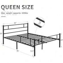 VECELO Metal Platform Bed Frame Queen Size With Headboard And Footboard, 12'' Under-Bed Storage & Strong Slats Support, No Box Spring Needed, Dark Black - Matte Black - View 8