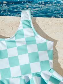 Tween Girl Checkered Print Split Swimwear - Multicolor - View 2