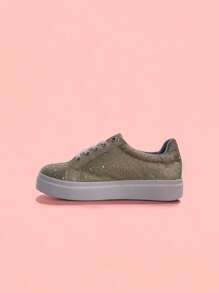 tenis zapato para mujer con piedras brillosas, suela antideslizante, con agujetas al color, cómodos y a la moda  zapatos fashionistas, casuales y confiables - Dorado - Ver 4