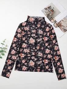 Acelitt Black Floral Mesh Turtleneck Long Sleeve Fitted Top - Black - View 4