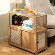 Living And Home Wooden Glass Side Table With Wheels - Natural 67cm W X 30.5cm D X 61cm H - View 4
