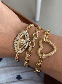 1 pieza Brazalete ajustable con diseño de ojo y corazón microincrustrando circonia, baño de cobre dorado, moda y creativo, adecuado para hombres y mujeres, ideal para usar a diario y fiestas