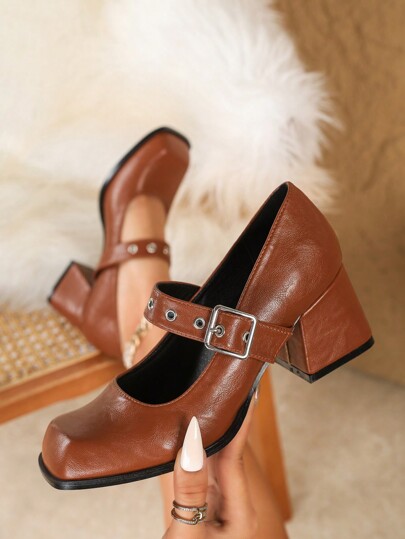 Décolleté Mary Jane per taglie forti da donna, tacco chunky, punta quadrata, colore kaki