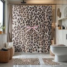 1/4 piezas Juego de baño: Cortina de ducha con estampado de lazo rosa y estampado de leopardo, alfombra de baño, tapa de inodoro en forma de U, cortina de ducha impermeable, cortina de partición de baño de estilo moderno, sin necesidad de perforación, de poliéster lavable a máquina, decoración de otoño para el hogar, accesorios de baño, de vuelta al colegio - Multicolor - Ver 1