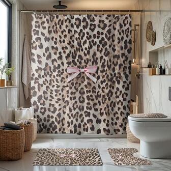 Badkamerset van 1/4 stuks: roze douchegordijn met strik en luipaardprint, badmat, U-vormige toiletdeksel, waterdicht douchegordijn, modern badkamerscherm, geen boren nodig, machinewasbaar polyester, badkamerdecoratie, herfstdecoratie, badkameraccessoires, terug naar school