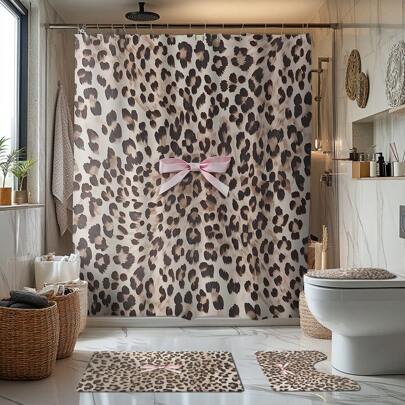1/4pcs Bathroom Set: Pink Bow & Leopard Print Shower Curtain, Bathroom Mat, U-Shaped Toilet Lid Cover, Waterproof Shower Curtain, Modern Style Bathroom Partition Curtain, No Drilling Required, Machine Washable Polyester Home Bathroom Decor Fall Decor Bathroom Accessories Back To School