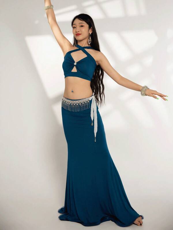 Belly Dance Practice Clothes Sleeveless Top+Modal Fish Tail Long Skirt 2pcs Adult Oriental Clothing