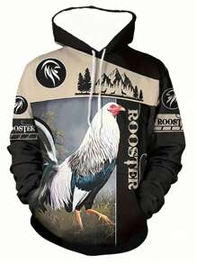 Men Rooster Print Hoodie - Cool & Streetwear - Comfortable Casual Sweatshirt - Eye-Catching Graphic Design - Perfect Gift